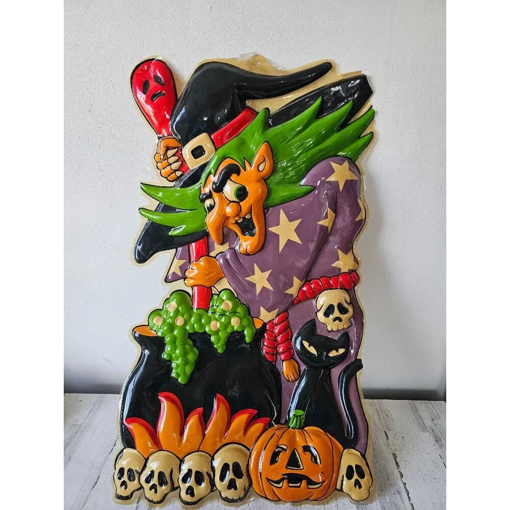 Vintage witch celluloid plastic Halloween hanging lawn window cauldron skulls ca